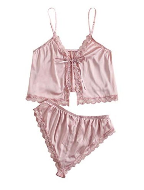 SheIn Women's Sleeveless Satin Lace Trim Lingerie Set 2 Piece Cami and Shortie