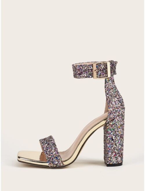 Shein Allover Glitter Decor Chunky Heeled Sandals