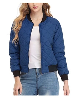 andy & natalie Women's Quilted Jacket Long Sleeve Zip up Raglan Bomber Jacket with Pockets