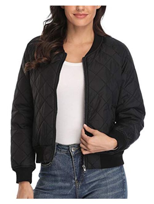 andy & natalie Women's Quilted Jacket Long Sleeve Zip up Raglan Bomber Jacket with Pockets