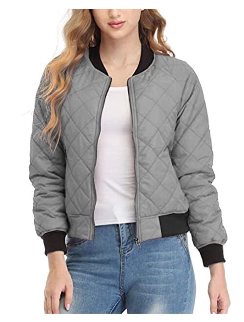 andy & natalie Women's Quilted Jacket Long Sleeve Zip up Raglan Bomber Jacket with Pockets