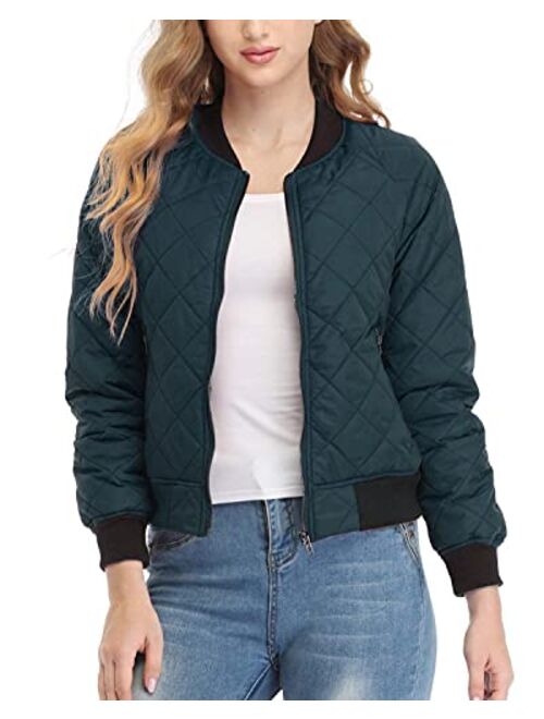 andy & natalie Women's Quilted Jacket Long Sleeve Zip up Raglan Bomber Jacket with Pockets