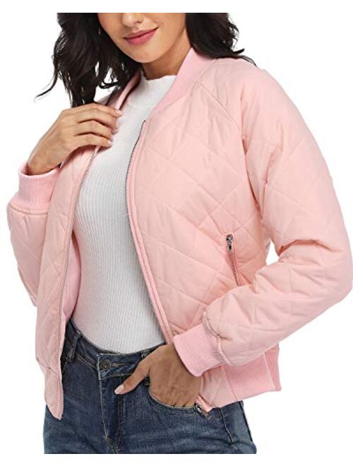 andy & natalie Women's Quilted Jacket Long Sleeve Zip up Raglan Bomber Jacket with Pockets