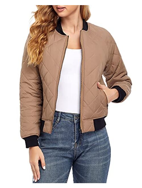 andy & natalie Women's Quilted Jacket Long Sleeve Zip up Raglan Bomber Jacket with Pockets