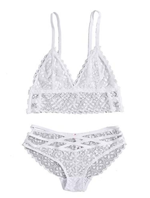 SweatyRocks Women's Bra and Panty Set Floral Lace Two Piece Bralette Lingerie Set