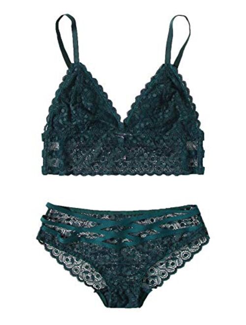 SweatyRocks Women's Bra and Panty Set Floral Lace Two Piece Bralette Lingerie Set