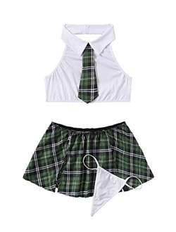 Women's Costume Sexy Lingerie Set Cosplay Top and Plaid Skirt Outfit