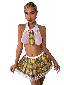 Women's Costume Sexy Lingerie Set Cosplay Top and Plaid Skirt Outfit