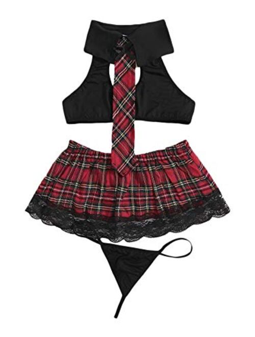 SweatyRocks Women's Costume Sexy Lingerie Set Cosplay Top and Plaid Skirt Outfit