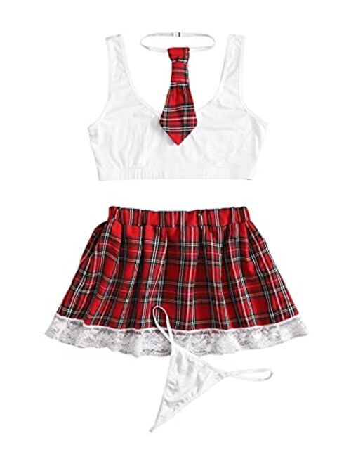 SweatyRocks Women's Costume Sexy Lingerie Set Cosplay Top and Plaid Skirt Outfit