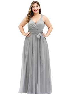 Women's Plus Size V-Neck Wrap Empire Waist Tulle Bridesmaid Dress 7303PZ