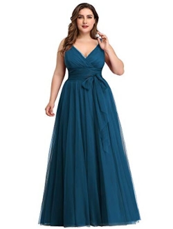 Women's Plus Size V-Neck Wrap Empire Waist Tulle Bridesmaid Dress 7303PZ