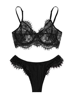 Women's Sexy Lace Mesh Lingerie Bra and Panty 2 Piece Set