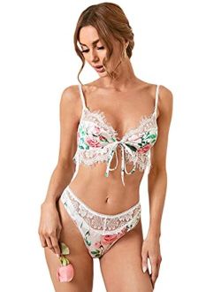 SweatyRocks Women's Sexy Bra and Panty Set 2 Piece Sheer Floral Lace  Lingerie Set