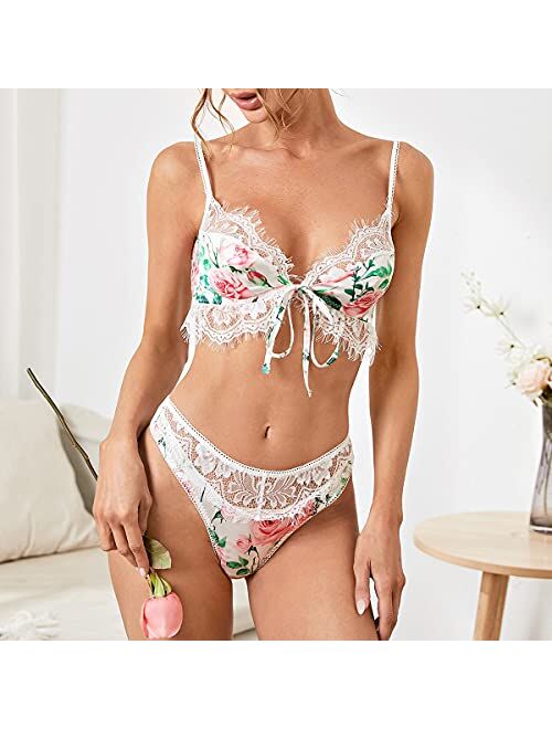 SweatyRocks Women's Sheer Lace Floral Print Bra and Panty 2 Piece Lingerie Set