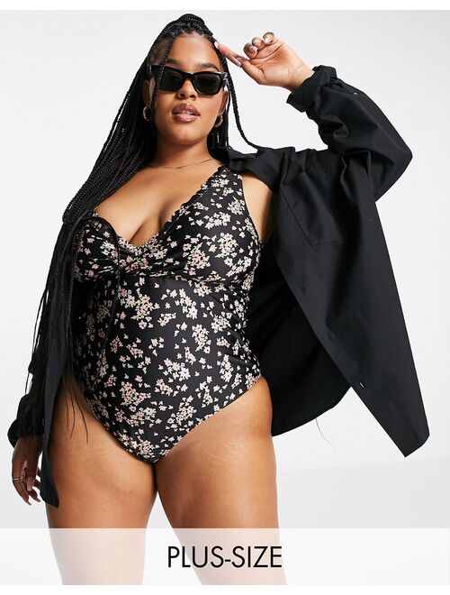 Peek & Beau Curve Exclusive wrap front swimsuit with tie detail in black base floral print