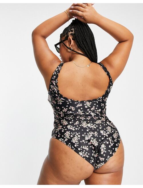 Peek & Beau Curve Exclusive wrap front swimsuit with tie detail in black base floral print