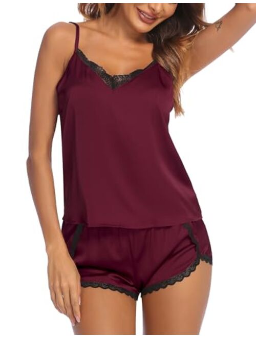 Ekouaer Silk Pajamas Set Womens Lace Cami Tops and Shorts Satin Lingerie V Neck Sleepwear XS-XXL