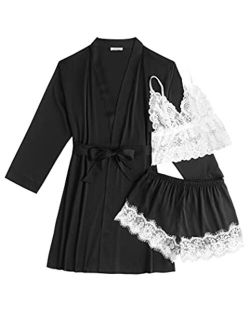 Women's 3 Pcs Sleepwear Satin Robe Floral Lace Trim Pajama Set Silk Sexy Lingerie Pajamas Bridesmaids with Robes