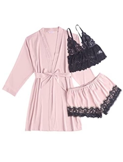 Women's 3 Pcs Sleepwear Satin Robe Floral Lace Trim Pajama Set Silk Sexy Lingerie Pajamas Bridesmaids with Robes