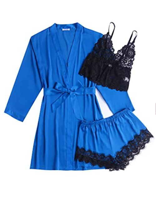 Ekouaer Women's 3 Pcs Sleepwear Satin Robe Floral Lace Trim Pajama Set Silk Sexy Lingerie Pajamas Bridesmaids with Robes