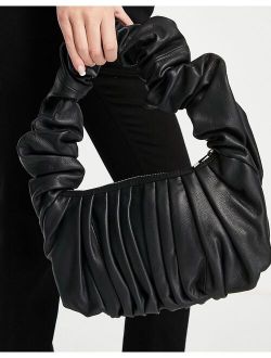 leather super ruched shoulder bag in black