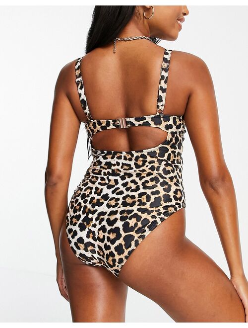 Ivory Rose Fuller Bust cut out swimsuit in leopard animal print DD G