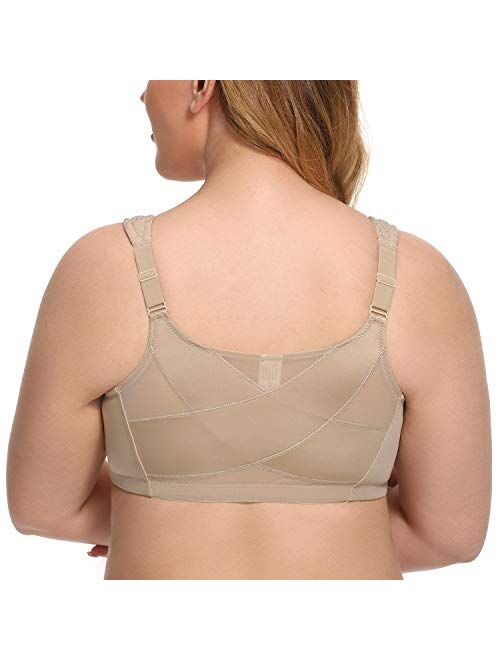 Women's Full Coverage Front Closure Wire Free Back Support Posture Bra 