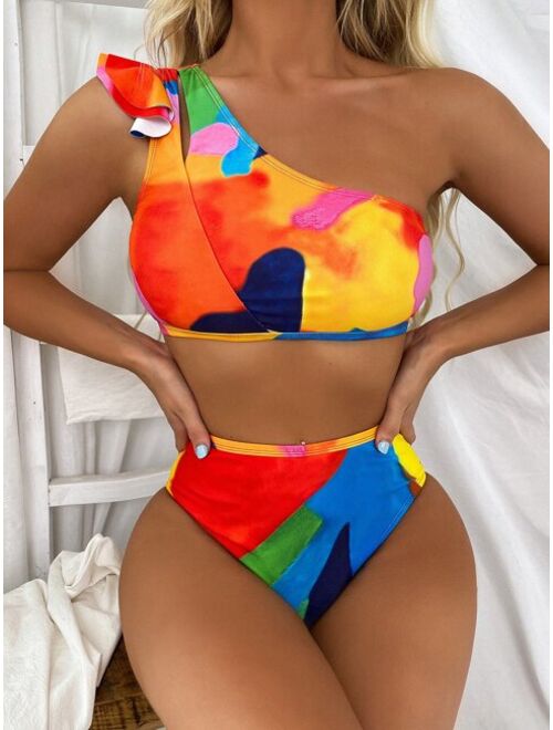 Shein Color Block Ruffle One Shoulder Bikini Swimsuit