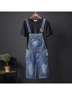 Summer Vintage Light Blue Denim Bib Overalls Male Knee Length Jeans Jumpsuits Men Distressed Ripped Suspender Shorts A42701