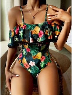 Tropical & Floral Flounce Pom-pom Trim One Piece Swimsuit