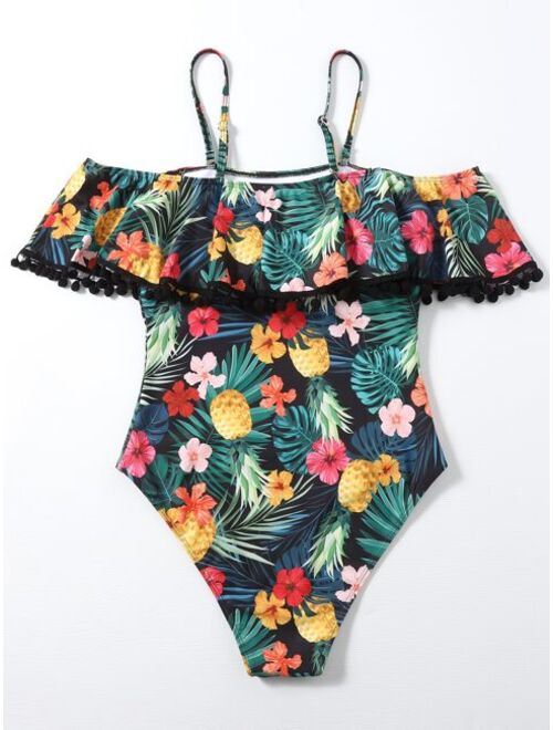 Shein Tropical & Floral Flounce Pom-pom Trim One Piece Swimsuit