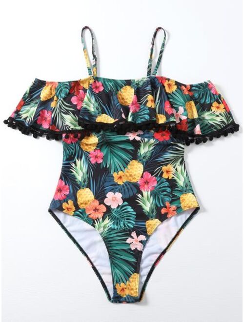 Shein Tropical & Floral Flounce Pom-pom Trim One Piece Swimsuit