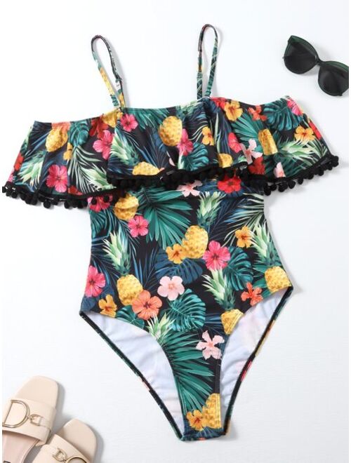 Shein Tropical & Floral Flounce Pom-pom Trim One Piece Swimsuit