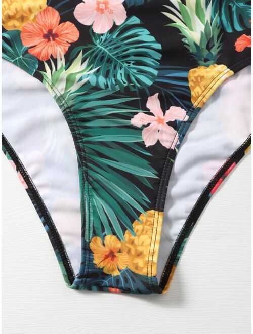 Shein Tropical & Floral Flounce Pom-pom Trim One Piece Swimsuit