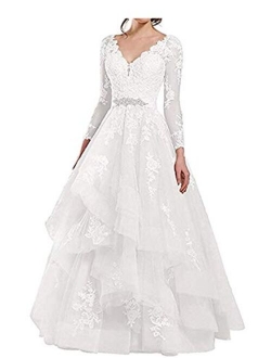 Awishwill See Through Long Sleeve Applique Wedding Dresses Double V Neck Ruffled Organza Bridal Dress for Bride