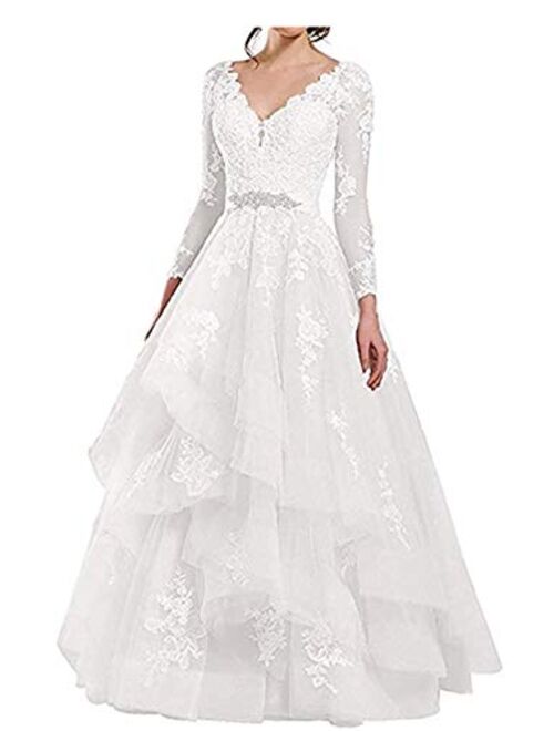 Awishwill See Through Long Sleeve Applique Wedding Dresses Double V Neck Ruffled Organza Bridal Dress for Bride