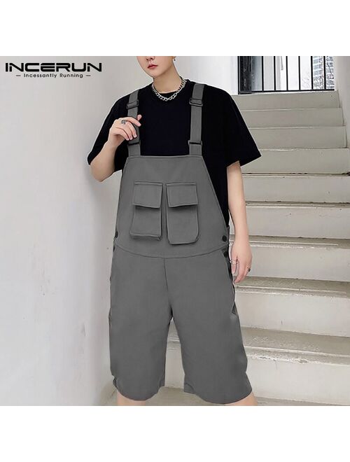 Men Bib Rompers Pockets 2021 Solid Color Casual Jumpsuits Men Streetwear Loose Fashion Suspenders Cargo Overalls INCERUN S-5XL