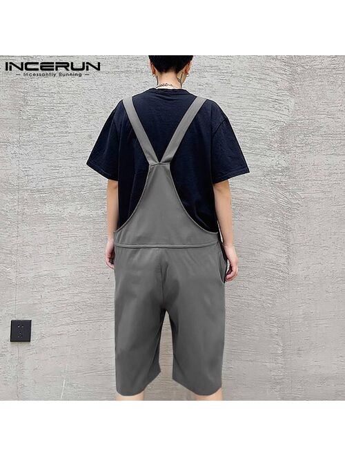 Men Bib Rompers Pockets 2021 Solid Color Casual Jumpsuits Men Streetwear Loose Fashion Suspenders Cargo Overalls INCERUN S-5XL