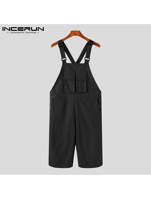 Men Bib Rompers Pockets 2021 Solid Color Casual Jumpsuits Men Streetwear Loose Fashion Suspenders Cargo Overalls INCERUN S-5XL