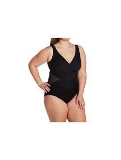 Women's Swimwear Plus Size Illusionist Crossover Tummy Control V-Neckline Soft Cups One Piece Swimsuit