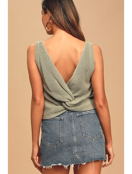 Lulus Let's Get Away Sage Green Knit Twist Back Tank Top