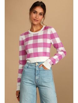 Check This Out Magenta Gingham Cropped Pullover Sweater