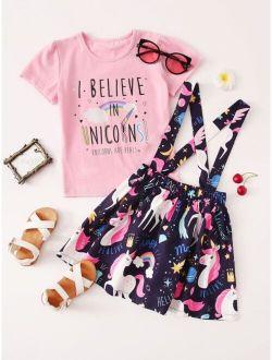 Toddler Girls Slogan Graphic Tee With Cartoon Unicorn Skirt