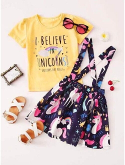 Toddler Girls Slogan Graphic Tee With Cartoon Unicorn Skirt