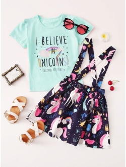 Toddler Girls Slogan Graphic Tee With Cartoon Unicorn Skirt