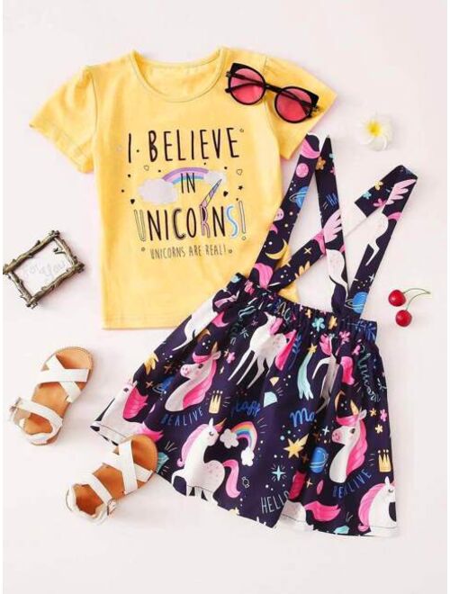 Shein Toddler Girls Slogan Graphic Tee With Cartoon Unicorn Skirt