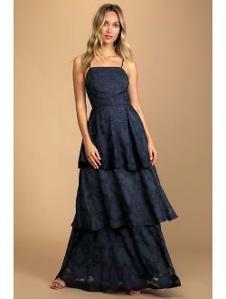 Loving Celebration Navy Blue Lace-Up Tiered Maxi Dress