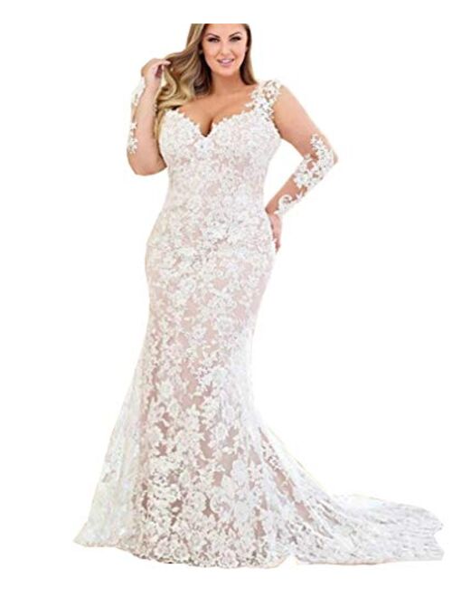 Two Pieces V Neck with Long Sleeves lace Bridal Ball Gown Wedding Dresses for Women Bride Detachable Train Plus Size