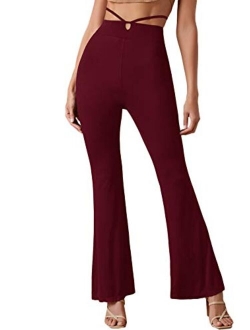 Women's Cut Out High Elastic Waist Long Pants Flare Leg Solid Trousers